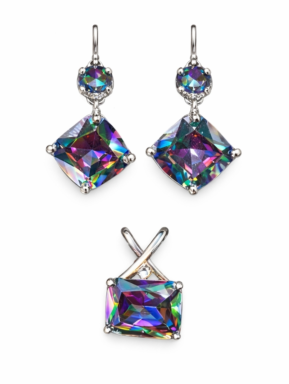 Mystic Rainbow Topaz Alexandrite Style Jewelry Set Earrings Pendant Iridescent